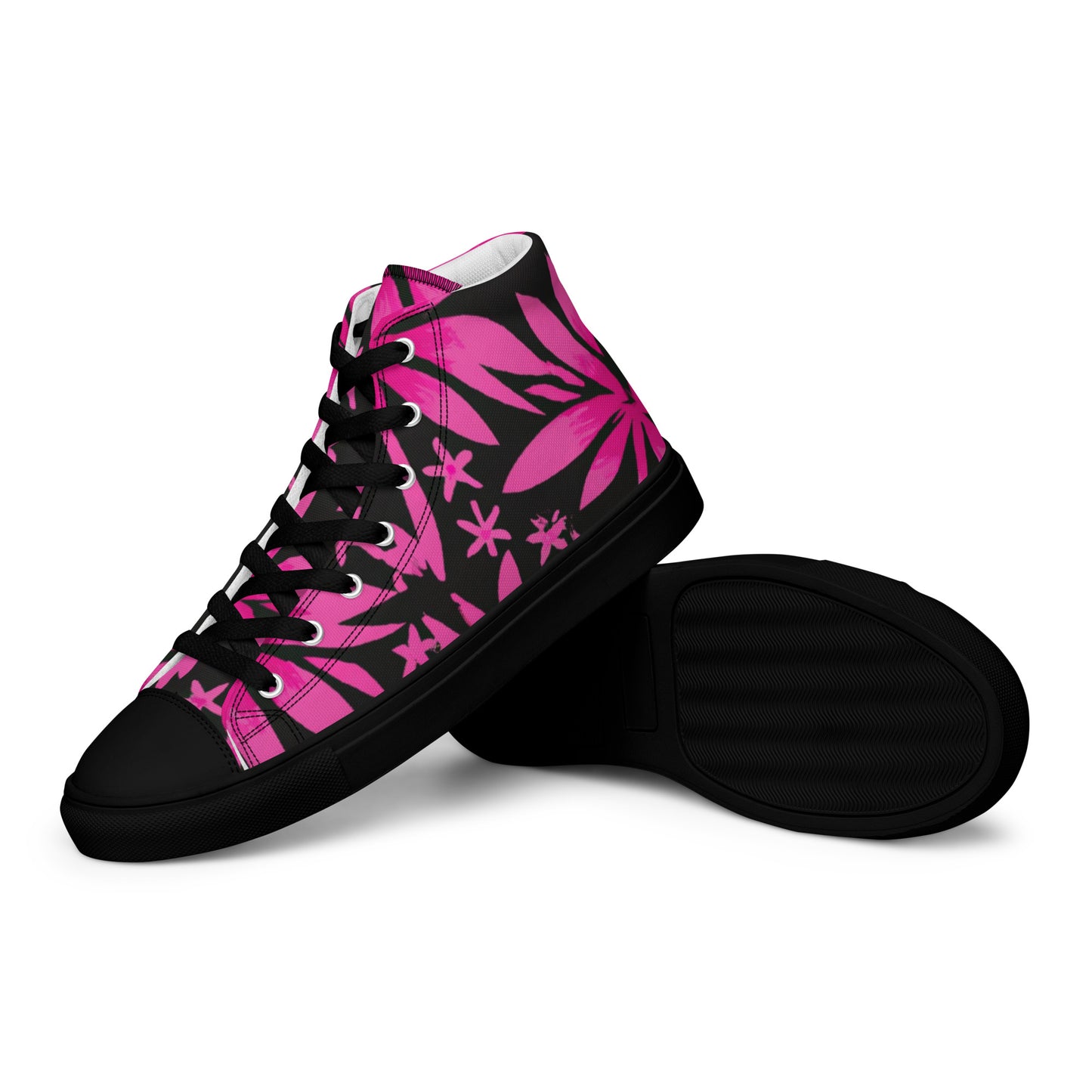 Pink Flowers and Black Women’s high top canvas shoes