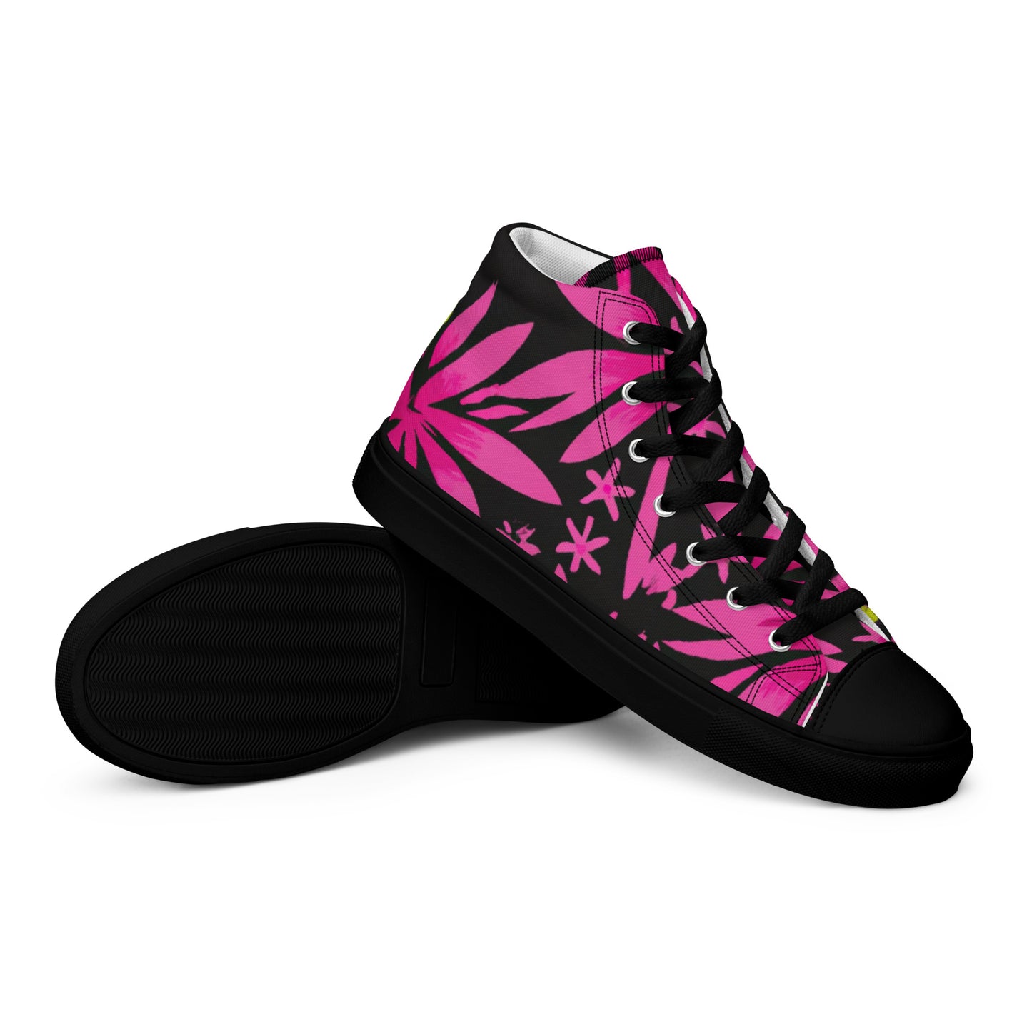 Pink Flowers and Black Women’s high top canvas shoes